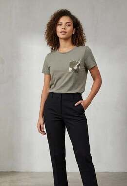 DKNY Women's Short Sleeve Olive Green Sequin Pocket T-Shirt Size L
